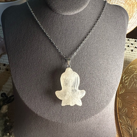 Clear Quartz Daffodil Pendant Necklace on Silver Copper Box Chain - Picture 9 of 14